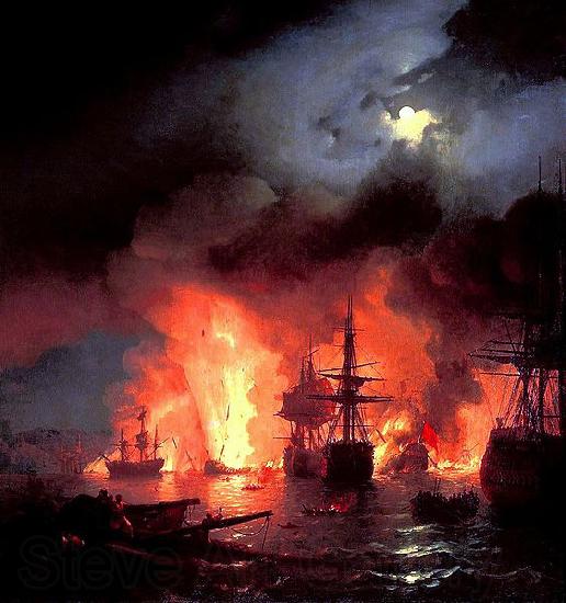 Ivan Aivazovsky Battle of cesme at Night Spain oil painting art